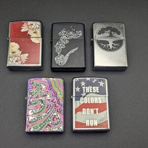 Classic 5pc Zippo Windproof Lighters Lot Chrome Flag Tree of Life These Colors